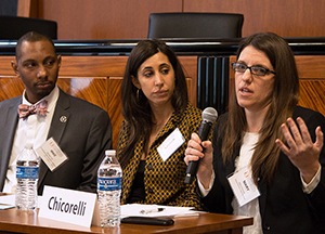 Mike Lee, '09, Lauren Fine and Mary Chicorelli during panel on launching a public interest legal practice 